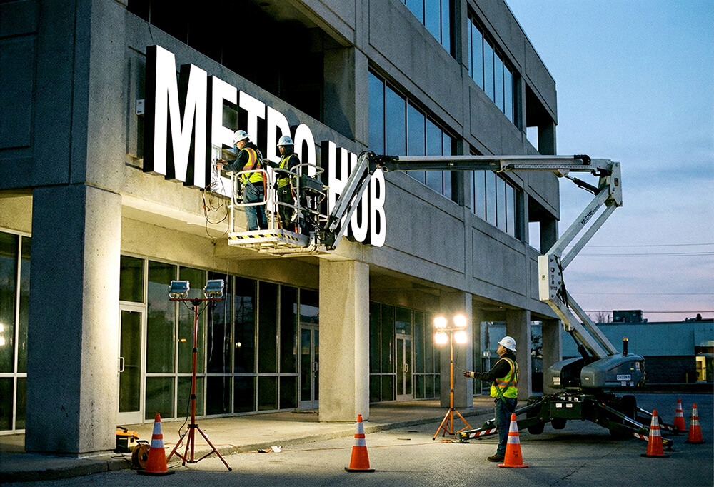 高所作業車による看板設置と照明工事の様子