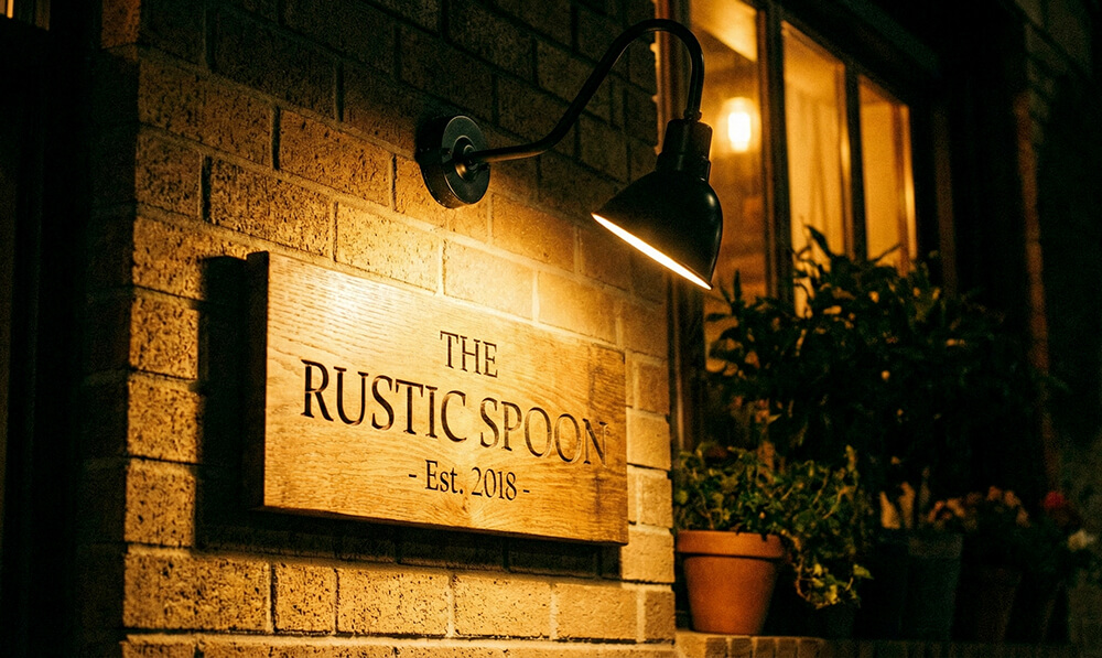 上部のアームライトで照らされたプレート看板