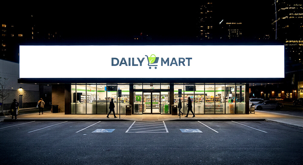 コンビニのように面全体が発光するファサード看板