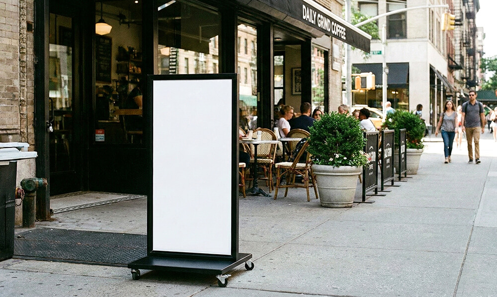 昼間の店舗前に置かれた電飾スタンド看板